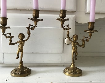 Vintage Cherub candle holders brass antique style candle holders, pair of candle holders, brass putty, angels pair candle stick ,gold