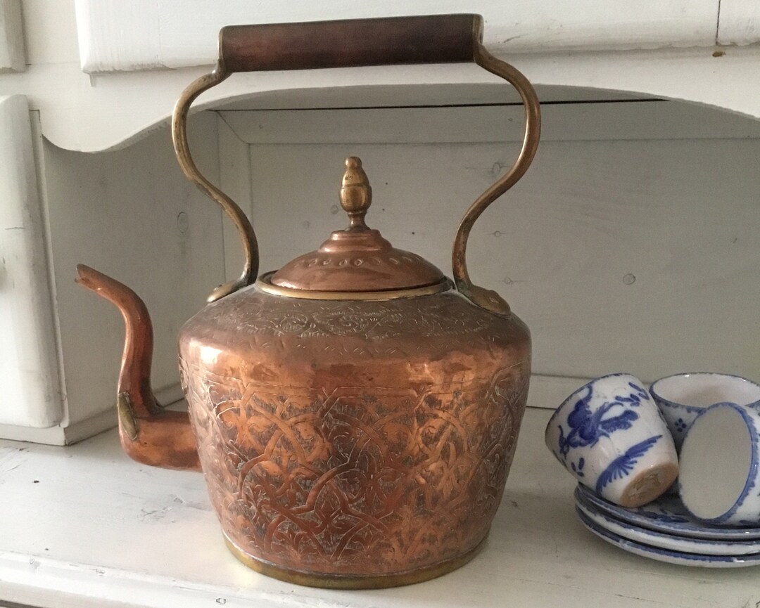 Antique Big Copper Water Kettle Etched Engraved Copper Etsy