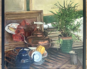 Mid-Century Dutch Still Life Oil Painting, Teapot and Plant, Framed Artwork