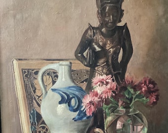 Still Life Oil Painting, Framed Asian Art, 1930s Buddha yoga, meditation, spiritual artwork antique