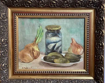 Antyczne holenderskie malarstwo martwej natury, pikle śledziowe i cebula, sztuka kuchenna