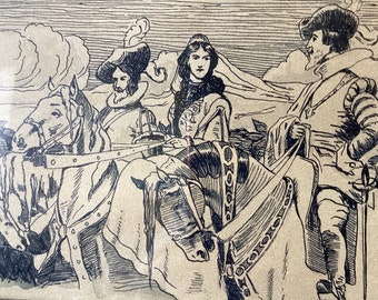 Antieke orginele pentekening, vroeg twintigste eeuw, cartoon decoratie, 1915, jonkvrouw en ridders, night in shiny armor, inkttekening