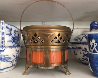 Antique teapot warmer, brass teapot warmer, spirit burner teapot stove, spirit stove, antique teapot stove, antique warmer orange brass