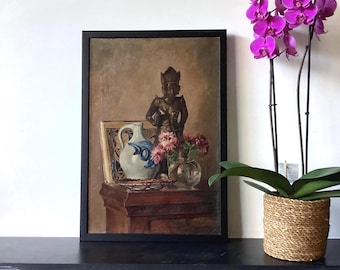 Still Life Oil Painting, Framed Asian Art, 1930s Buddha yoga, meditation, spiritual artwork antique