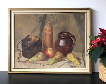 Dutch still life with pots and pears Dutch school still life,painting in natural colors, painting 1948 Dutch,mid century vintage,classic art