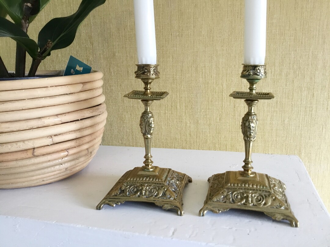 Antique Brass Candle Holders. Classic Brass Candlestick Holders, Late