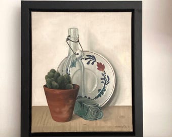 Obraz akrylowy „Martwa natura”, Kaktus, Talerz Boerenbont, Sztuka belgijska