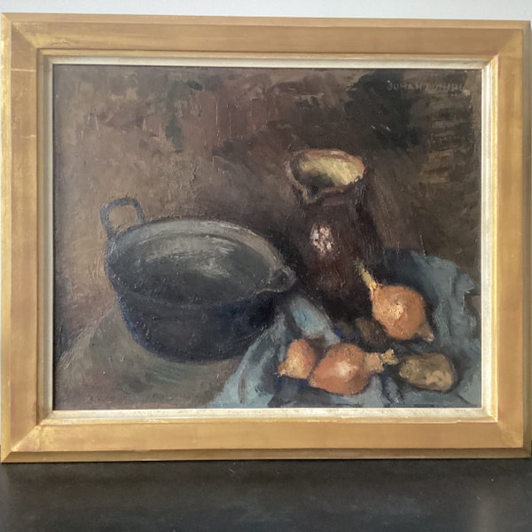 Dutch still life painting with onions and cast iron pan, kitchen still life painting, robust Dutch oil painting artwork, kitchen, cottage.