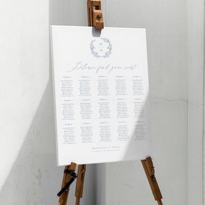Modelo de gráfico de assentos de casamento, caligrafia de luxo, plano de assentos elegante, imprimível, placa editável, download instantâneo do Templett, vertical, MM
