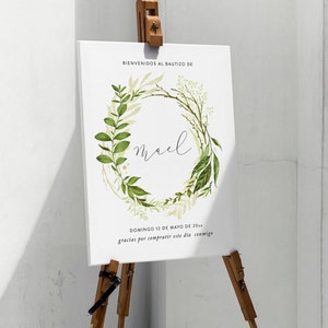 Baptism First Communion Welcome Sign, Greenery, Cross, Religious, Editable Template,  Green Wreath, Mi Bautizo, Girl or Boy Baptism, G1