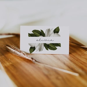 Modello segnaposto collezione Magnolia, segnaposto fai da te, calligrafia moderna, fiori di magnolia, fiori, fai da te, Templett, download istantaneo