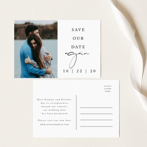 Modèle d'annonce de changement de plans, carte postale Save Our Date Again, mariage reporté, reprogrammer le téléchargement, imprimable instantanément