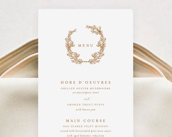 Gold Menu Card, Laurel Wreath Monogram, 4x9 Faux Gold Menu Card Editable Template, DIY printable wedding menu, MM