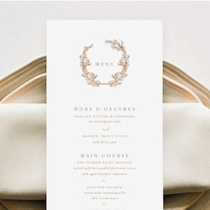 Gold Menükarte, Lorbeerkranz-Monogramm, 4x9 Faux Gold Menükarte Bearbeitbare Vorlage, DIY druckbares Hochzeitsmenü, MM