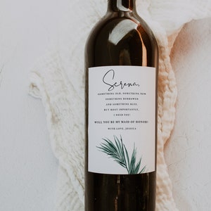 Etiqueta de vino de propuesta de dama de honor, etiqueta de botella editable imprimible, regalo de dama de honor, etiqueta imprimible, dama de honor, descarga instantánea, TROPICAL