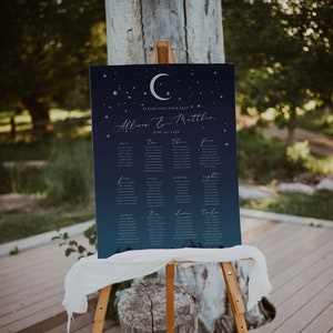 May include: A dark blue wedding seating chart with a crescent moon and stars. The chart is titled "Please find your seat" and lists the names of guests under the headings "One", "Two", "Three", "Four", "Five", "Six", "Seven", "Eight", "Nine", "Ten", "Eleven", and "Twelve". The chart is on an easel with a white cloth draped over it.