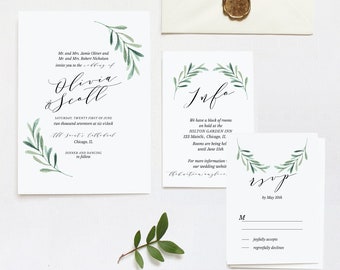 Greenery Wedding Invitation Template, Printable Wedding Invitation Suite, Olive Wedding, Calligraphy, Edit in Templett