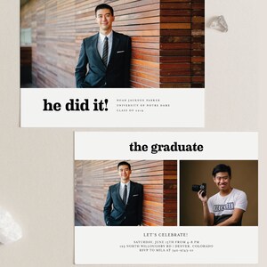 May include: Graduation announcement with a photo of a man in a suit and tie. The text reads "he did it!" and "the graduate".
