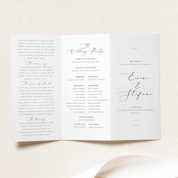 Greek Orthodox Tri-fold Wedding Program, Traditional Greek Wedding Program, Orthodox Wedding Program, Printable Template