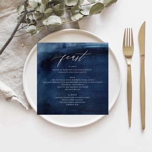 Edytowalne kwadratowe menu weselne, karta menu w kolorze granatowym, elegancki nowoczesny design, szablon do druku, wesele DIY, kwadratowy szablon menu