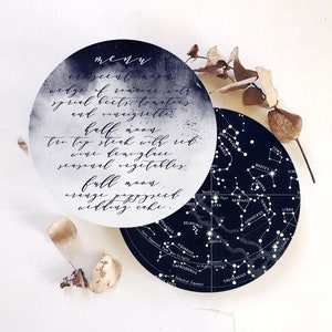 Menu de casamento Constelação, Cartões de menu azul marinho estrela celestial, Decoração de mesa de cabeceira estrelada, Papelaria de casamento Cosmos