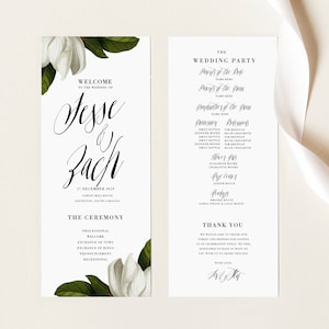 Wedding Program Printable Template Magnolia Floral Outdoor Garden Rustic DIY Program Instant Download Fully Editable text Templett Long