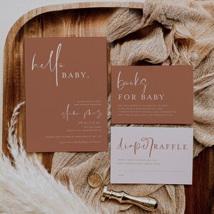 Invitación minimalista para baby shower, paquete para baby shower de género neutro, libros para bebé, sorteo de pañales, plantilla terracota para baby shower, HB