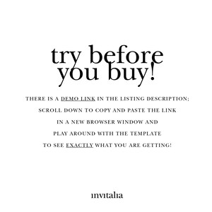 May include: Text overlay on a white background that reads "try before you buy!" with instructions to scroll down to copy and paste a link in a new browser window to see exactly what you are getting. The text "invitalia" is at the bottom of the image.