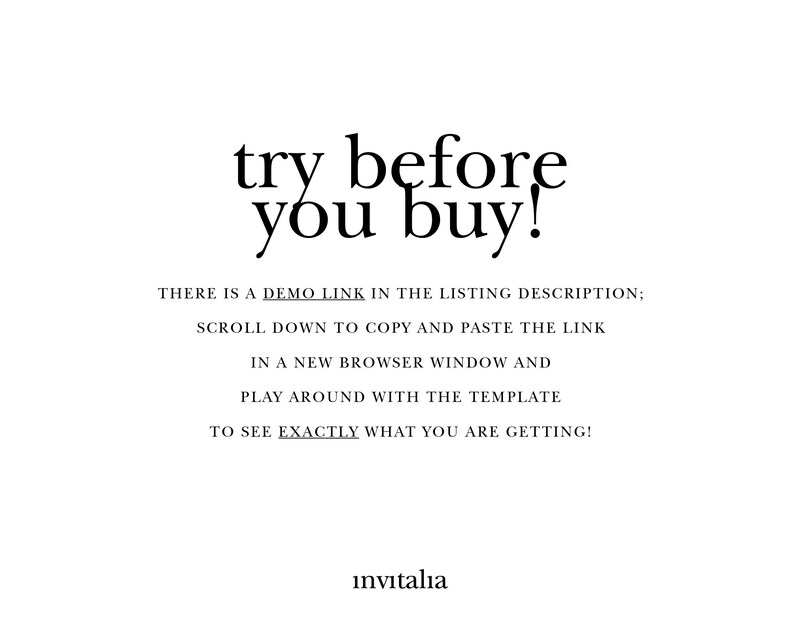 May include: Text overlay on a white background that reads "try before you buy!" with instructions to scroll down to copy and paste a link in a new browser window to see exactly what you are getting. The text "invitalia" is at the bottom of the image.