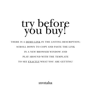 May include: Text overlay on a white background that reads "try before you buy!" with instructions to scroll down to copy and paste a link in a new browser window to see exactly what you are getting. The text "invitalia" is at the bottom of the image.