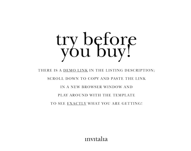 May include: Text overlay on a white background that reads "try before you buy!" with instructions to scroll down to copy and paste a link in a new browser window to see exactly what you are getting. The text "invitalia" is at the bottom of the image.