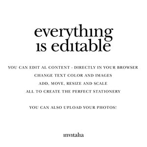 May include: Text overlay on a white background that reads "everything is editable".  Below the text is a list of features: "YOU CAN EDIT ALL CONTENT - DIRECTLY IN YOUR BROWSER", "CHANGE TEXT COLOR AND IMAGES", "ADD, MOVE, RESIZE AND SCALE", "ALL TO CREATE THE PERFECT STATIONERY", "YOU CAN ALSO UPLOAD YOUR PHOTOS!", and "invitalia".