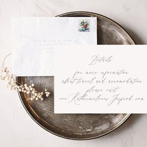 May include: A white card with the text "Details" in cursive script. The card says "For more information about travel and accommodation please visit www.katherinelovesjoseph.com".
