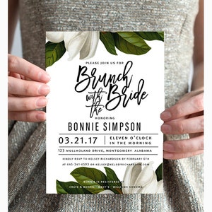 White Magnolia Bridal Shower Invitation, Botanical Floral, Wedding Shower, Baby Shower, Printable Invitation, WM image 4