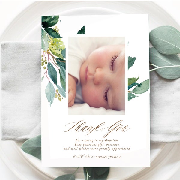 Baptism Printable Thank You Card, Spring Greenery Christening Photo Card, Personalized Christening Keepsake, Baptism Favors Remembrance Card
