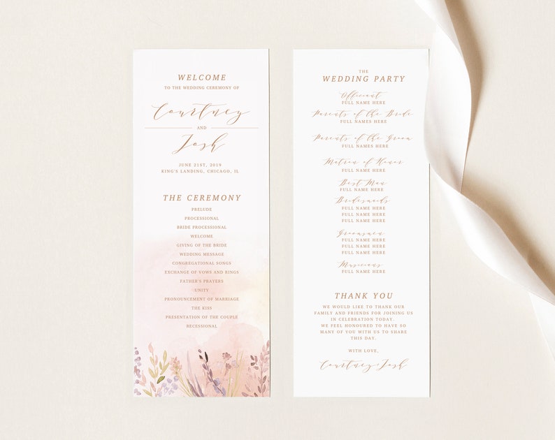 Romantic Wedding Watercolor Program Printable Floral Invitations Delicate Blush Flowers Hand-painted watercolor flowers order of service image 8