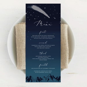 Marineblauwe zilveren ster hemels trouwmenu, sterrennacht sterrenbeeld Galaxy trouwmenu, Cosmos trouwmenu, AFDRUKBAAR trouwmenu