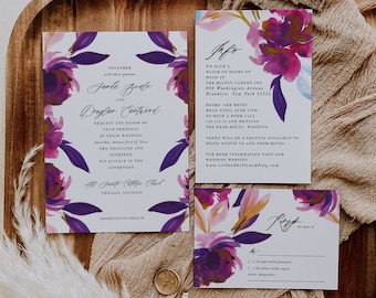 Purple Wedding Invitation Set Printable Digital Plum Floral golden Botanical BOHEMIAN watercolor flowers Customizable Wedding Invites