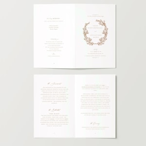 May include: A wedding program with gold lettering on white paper. The front cover features a gold wreath with the names "Irina Gianakopoulou and Konstantinos Matis" and the date "July 12". The inside pages include the order of service, with headings like "The Sacrament", "The Betrothal", "The Rings", and "The Ceremony".