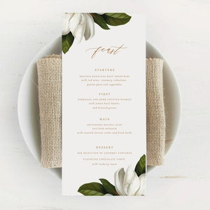 Magnolia Menu Card Template, Rustic Dinner Menu, Wedding Menu Card Printable, Fully Editable Template, Instant Download, DIY, Templett