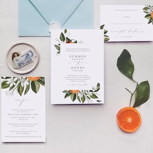 Citrus Wedding Invitation Template Set, Printable Orange Blossom, Vintage Botanical Invites, Digital Editable, Florida, California, Templett image 1