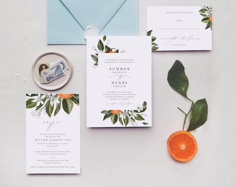 Citrus Wedding Invitation Template Set, Printable Orange Blossom, Vintage Botanical Invites, Digital Editable, Florida, California, Templett image 1