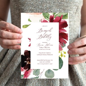 BRUNCH AND BUBBLY, Burgundy Bridal Shower Invitation, floral invite, Marsala hen party template, bachelorette party, bride tribe team bride image 5