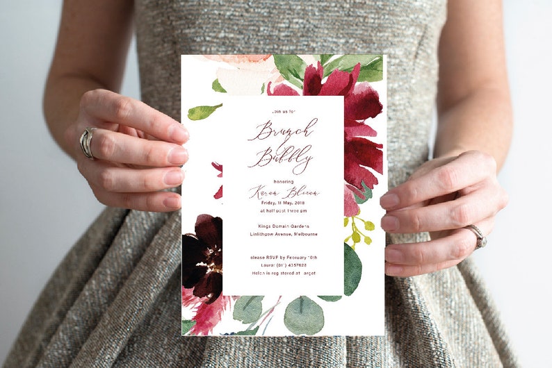 BRUNCH AND BUBBLY, Burgundy Bridal Shower Invitation, floral invite, Marsala hen party template, bachelorette party, bride tribe team bride image 5