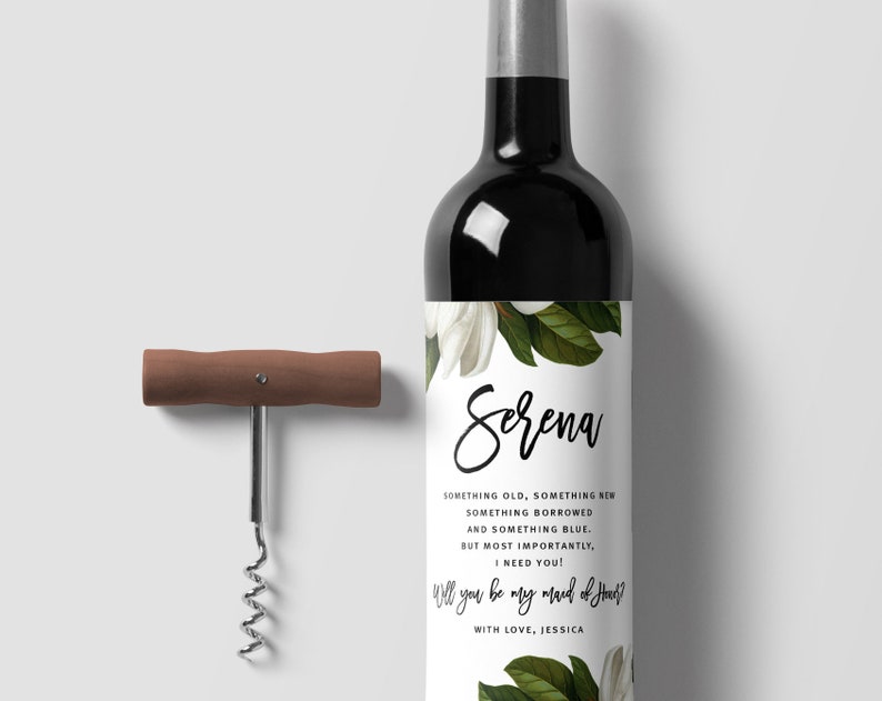 FLORAL magnolia Bridesmaid Proposal Wine Label Printable Editable Bottle Label Bridesmaid Gift will you be my Maid of honor Instant Download imagem 2