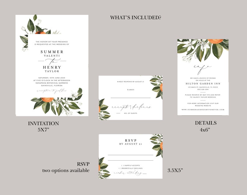 Citrus Wedding Invitation Template Set, Printable Orange Blossom, Vintage Botanical Invites, Digital Editable, Florida, California, Templett image 4