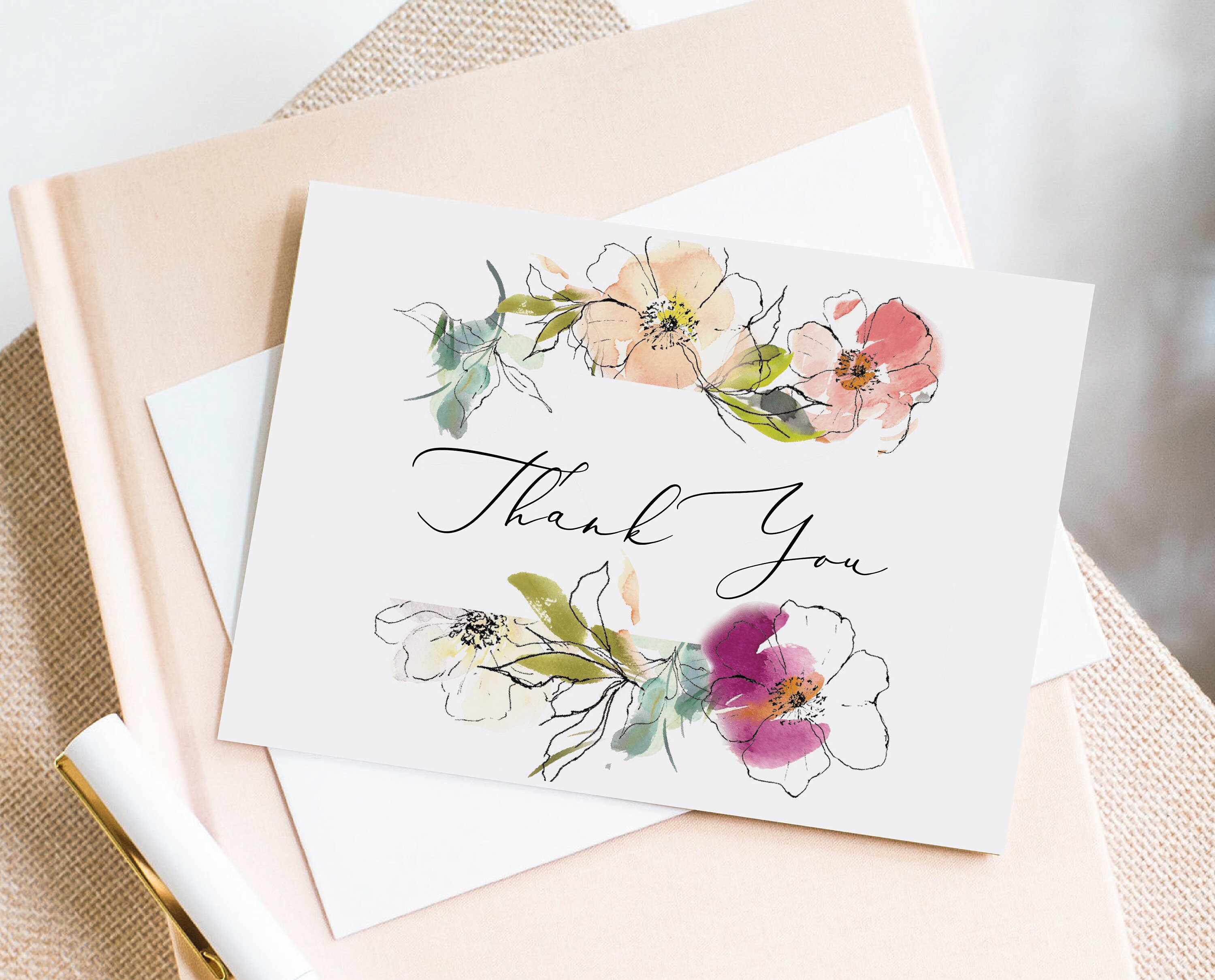 Peach Floral Thank You Card Template Thank You Card Printable Instant ...