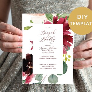 BRUNCH AND BUBBLY, Burgundy Bridal Shower Invitation, floral invite, Marsala hen party template, bachelorette party, bride tribe team bride image 2