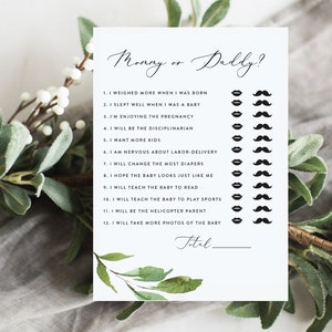 Er sagte, sie sagte, Babypartyspiele, Mama oder Papa Spiel Mama oder Papa Duschspiel Greenery Design Gender neutral Babyparty Mama oder Papa G2
