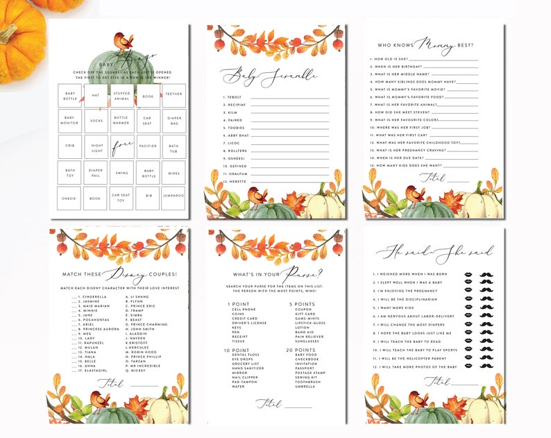 Boho Baby Shower Games Bundle Little Pumpkin Baby Shower Games Package 6 Games Printable INSTANT DOWNLOAD Fall Baby Shower Guess Who Bingo